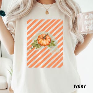 Puede incluir: Una camiseta de color marfil con un gráfico rectangular de rayas diagonales naranjas y blancas. Centrada sobre las rayas hay una ilustración estilo acuarela de una calabaza naranja con hojas verdes y un zarcillo. La camiseta tiene cuello redondo.