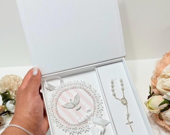 Handmade Baptism Gift Box: Rosary & Holy Spirit Ornament Keepsake