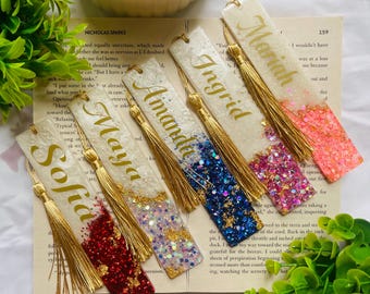 Personalized Resin Bookmark – Gold Leaf Glitter, Custom Name & Tassel