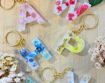 Handmade Resin Keychain with Real Flowers | Botanical Letter Charm Accessory
