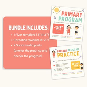 May include: A printable bundle of templates for a primary program. The bundle includes a flyer template, an invitation template, and two social media posts. The flyer and invitation templates feature a colorful design with illustrations of children and musical notes. The text on the flyer reads "Oak Estates Ward Primary Program Come and See What We Are Learning in Primary!" and the date "29 Sept 2024". The text on the invitation reads "Primary Program Practice" and the date "28 Sept 2024".