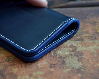 Horween Cavalier Blue Leather Vertical Bifold Wallet – Men’s Card Holder, Cash Wallet