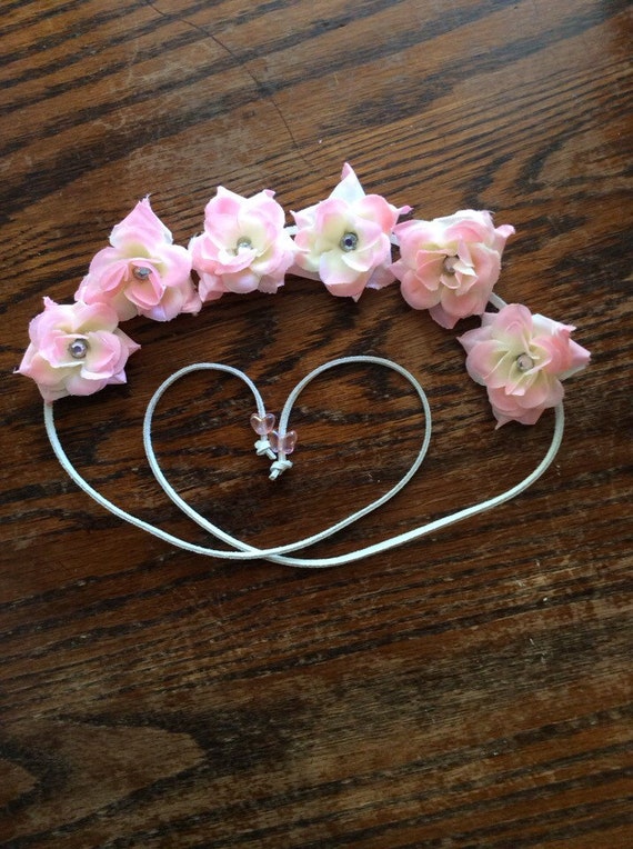 Pale Pink Silk Flower Headband With Rhinestone in the Center  display picture 2