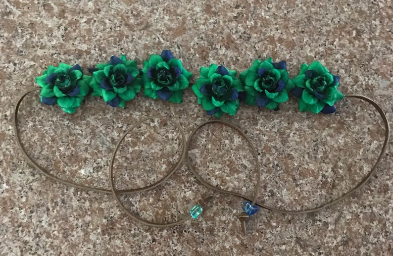Hippie Halo Flower Crown Blue and Green tie dyed looking Silk Flower Power Bohemian Headband
