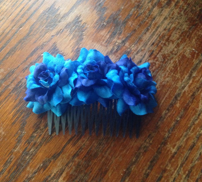 Blue silk Flower Hair Comb image 2