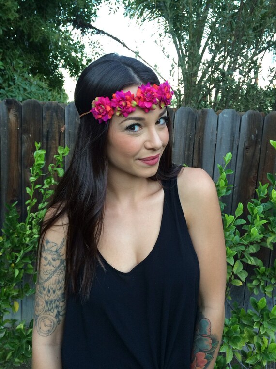 Pink Tie Dyed Looking Silk Flower Power Bohemian Headband 