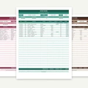 May include: Three digital checkbook register templates displayed side-by-side in pink, teal, and brown color schemes. Each document features a header labeled [YOUR NAME] CHECKBOOK REGISTER, with columns for date, check number, description, category, payment, deposit, cleared, and balance.