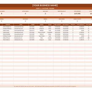 May include: A digital client and customer tracker spreadsheet template with a brown header labelled [YOUR BUSINESS NAME]. It features summary metrics for total revenue and client counts, followed by a detailed table tracking client names, contact details, project status, and action items.