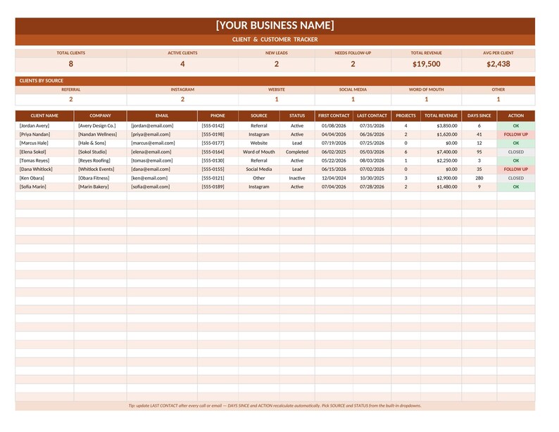 May include: A digital client and customer tracker spreadsheet template with a brown header labelled [YOUR BUSINESS NAME]. It features summary metrics for total revenue and client counts, followed by a detailed table tracking client names, contact details, project status, and action items.