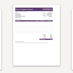 以下が含まれることがあります： Your Company NameおよびINVOICEというテキストが記載されたダークパープルのヘッダーを持つプロフェッショナルな請求書テンプレート。このドキュメントには、クライアントの請求情報、サービス内容、時間単価、小計、税金、合計金額のセクションが含まれています。
