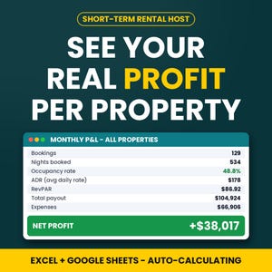 Peut inclure: Un graphique de tableau de bord numérique pour les hôtes de location courte durée intitulé SEE YOUR REAL PROFIT PER PROPERTY. Il affiche un tableau P&L mensuel avec 129 réservations, 534 nuits, 48,8% d'occupation et un profit net de +38 017 $.
