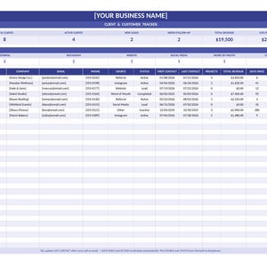 May include: A digital client and customer tracker spreadsheet template with a blue header labelled [YOUR BUSINESS NAME]. The table includes columns for client name, company, email, phone, source, status, dates, projects, revenue, and action status.