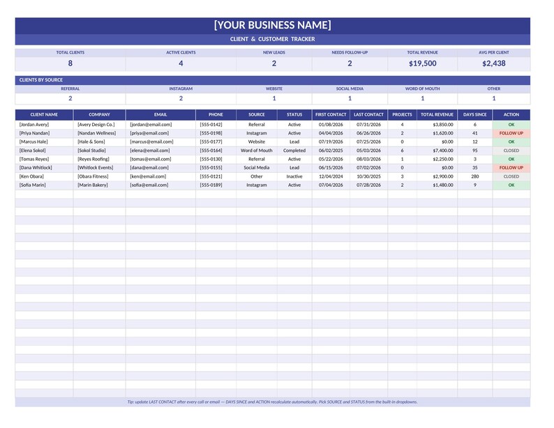 May include: A digital client and customer tracker spreadsheet template with a blue header labelled [YOUR BUSINESS NAME]. The table includes columns for client name, company, email, phone, source, status, dates, projects, revenue, and action status.