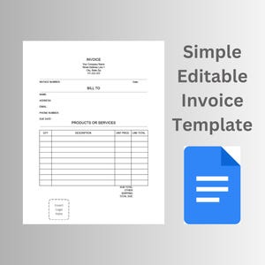 May include: A white invoice template with fields for company details, billing information, and product descriptions. The text "Simple Editable Invoice Template" is displayed, along with a blue document icon.