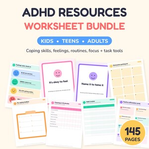 Pacchetto di risorse e schede didattiche sull'ADHD, 145 pagine stampabili, schede sulle strategie di gestione, funzioni esecutive, regolazione emotiva, per bambini, adolescenti e adulti.