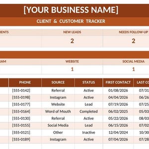 May include: A digital client and customer tracker spreadsheet template with a brown header labelled [YOUR BUSINESS NAME]. It displays metrics for total clients, active clients, new leads, follow-ups, total revenue of $19,500, and average per client.