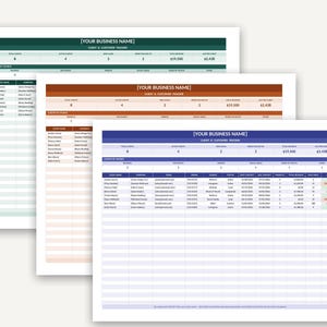 May include: Three layered digital spreadsheet templates titled Client & Customer Tracker with placeholders for business name, client details, contact information, status, dates, project counts, total revenue, and follow-up actions in green, orange, and blue.