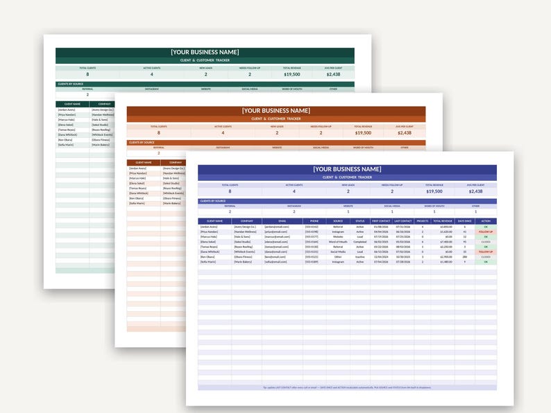 May include: Three layered digital spreadsheet templates titled Client & Customer Tracker with placeholders for business name, client details, contact information, status, dates, project counts, total revenue, and follow-up actions in green, orange, and blue.
