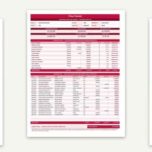May include: A digital charitable donation tracker and tax deduction log template featuring a central document with a maroon header and table rows, flanked by two similar documents in brown and blue color schemes, all displaying financial data.