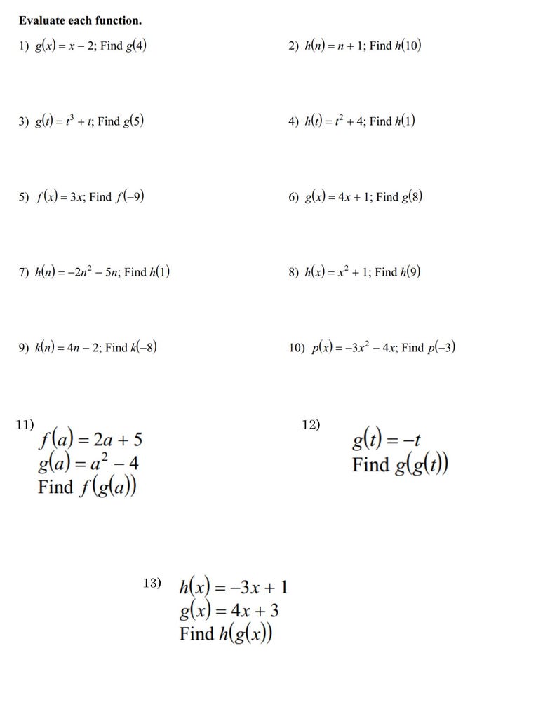 May include: A worksheet with 13 maths problems. Each problem asks the user to evaluate a function by plugging in a specific value. The problems involve various functions, including linear, quadratic, and composite functions.