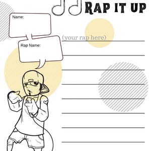May include: A black and white illustration of a rapper holding a microphone. The image is titled "Function Notation: Rap It Up" and includes space for a name, rap name, and a rap.