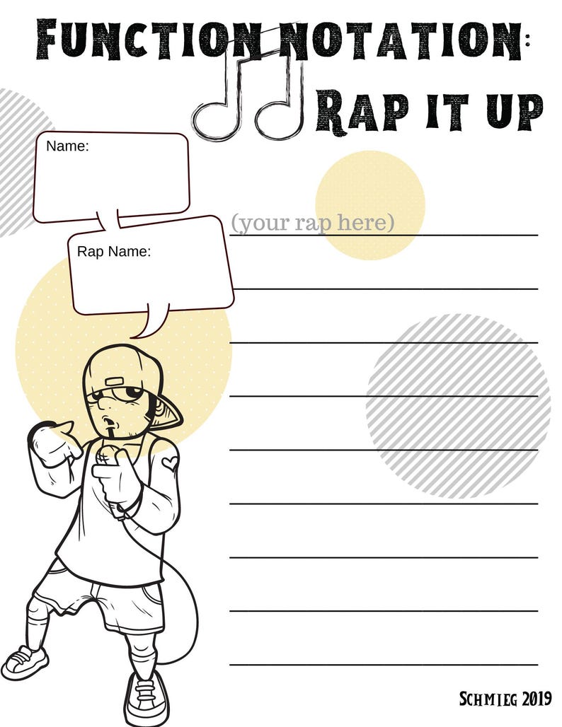 May include: A black and white illustration of a rapper holding a microphone. The image is titled "Function Notation: Rap It Up" and includes space for a name, rap name, and a rap.