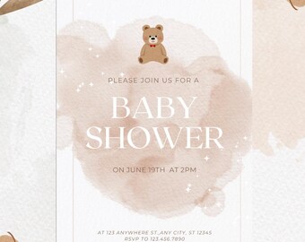 Plantilla de invitación para baby shower con temática de nubes, editable y neutral