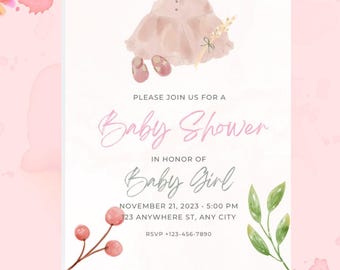 Invitación para baby shower editable, baby shower floral, baby shower rosa