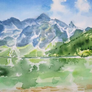 湖の反射、山の風景、水彩風景、湖の絵画、水景、緑の葉、田園地帯