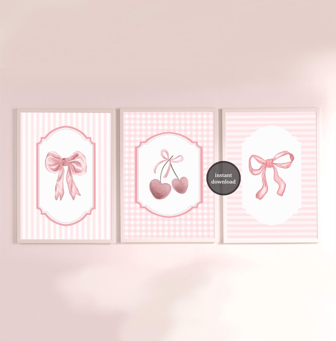 Pink Bows and Cherries Print Set, Coquette Room Decor (digital Download ...