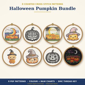 Puede incluir: Una colección digital titulada 8 Counted Cross Stitch Patterns Halloween Pumpkin Bundle, que presenta ocho diseños circulares de bastidores de bordado con calabazas, lunas y sombreros de bruja, incluyendo gráficos en color y en blanco y negro.