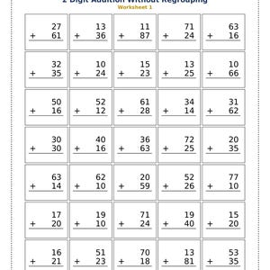 Può includere: Un foglio di lavoro per l'addizione a 2 cifre senza raggruppamento. Il foglio di lavoro contiene una griglia di problemi di addizione con numeri a due cifre. Il titolo "2 Digit Addition Without Regrouping" è in alto.