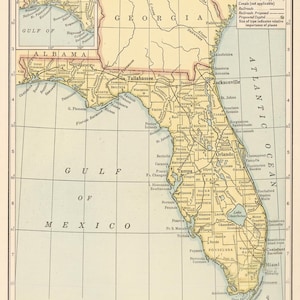 Vintage kaart van Florida, antieke muurdecoratie van de Golfkust, digitale download om af te drukken, historische poster van de Florida Panhandle