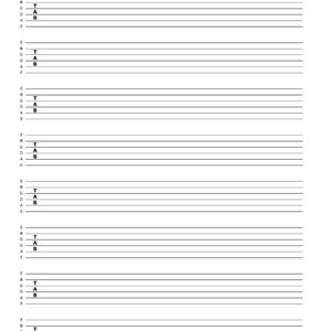 Könnte beinhalten: Eine weiße Seite mit mehreren Gitarrentabulatur-Notenlinien. Jede Notenlinie hat sechs horizontale Linien, die die Saiten einer Gitarre darstellen. Die Buchstaben E, B, G, D, A und E sind links aufgedruckt und geben die Saitennamen an. Die Buchstaben T, A und B sind darüber gedruckt.