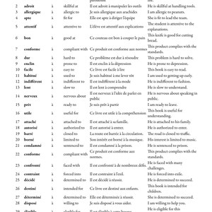 May include: A printed page from a language learning book. The page features a list of French adjectives with prepositions and example sentences for English speakers. The text is in black font.