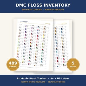 DMC-garninventering utskrivbar, checklista för korsstygnstrådar, 489 färger, A4 + US Letter PDF, broderiförrådsspårare