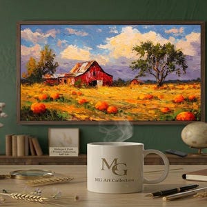 Samsung Frame TV Art Pumpkin Patch Red Barn, Autumn Farm Oil Painting, Textured Impasto Fall Landscape, Digital Download 4K
