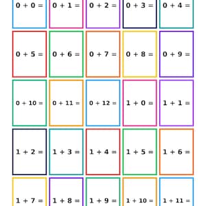 Può includere: Un reticolo di flashcard colorate che mostrano semplici problemi di addizione. Ogni carta ha un bordo di colore diverso e presenta un'equazione come "0 + 0 =" o "1 + 11 =", progettate per scopi educativi.