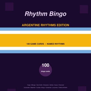 Puede incluir: Caja del juego Rhythm Bingo con el texto "ARGENTINE RHYTHMS EDITION". La caja presenta 100 cartas de juego con ritmos nombrados. El juego incluye Tango, Milonga y otros ritmos argentinos. Creado por Tomasz Saczko.