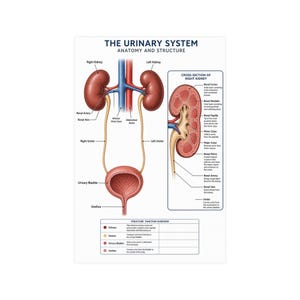 May include: An educational poster titled THE URINARY SYSTEM ANATOMY AND STRUCTURE. It displays a diagram of the kidneys, ureters, bladder, and urethra, a cross-section of the right kidney, and a table summarizing the function of each organ.