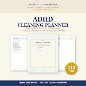 Może przedstawiać: Cyfrowy planer sprzątania dla osób z ADHD, liczący 111 stron, zawierający listę kontrolną codziennych zadań oraz sekcję rutyn tygodniowych. Dokument zawiera wersje wypełnione i puste w formatach US letter oraz A4 do pobrania.