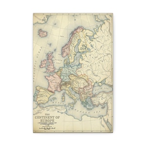 May include: A vintage-style map titled The Continent of Europe, featuring detailed country and district boundaries in muted pastel tones of pink, yellow, and green against a cream background. The map includes text labels for seas and nations.