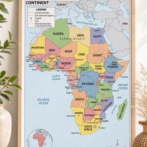 Mappa politica dell'Africa, stampa di un continente in stile vintage, stampa digitale scaricabile, poster di geografia didattica