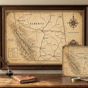 Vintage spoorwegkaart van Alberta uit 1920, antieke Canadese spoorwegposter, historische kaart van Alberta, wanddecoratie met Calgary, Edmonton en Banff, retro cadeau