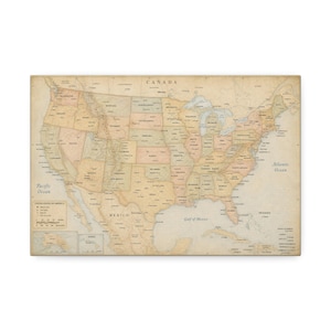 May include: A vintage-style map of the United States of America featuring a muted color palette with beige, tan, and soft green tones. The map displays state boundaries, major cities, and geographical features, with text labels for states, oceans, and countries.