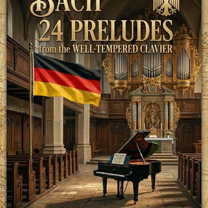 Op de afbeelding: Boekomslag voor "Bach 24 Preludes from the Well-Tempered Clavier" van Tomasz Saczko. De omslag toont een vleugel, de Duitse vlag en een kerkinterieur. Het boek maakt deel uit van de DelPolsato Books - Bach Master Series.