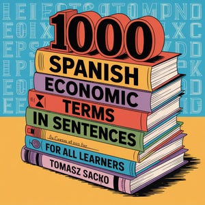 Op de afbeelding: Een stapel kleurrijke boeken met de titel "1000 Spaanse economische termen in zinnen". De boeken zijn in verschillende kleuren, waaronder geel, paars en oranje, met het getal "1000" in grote, rode 3D-letters. Het boek is voor alle leerlingen.