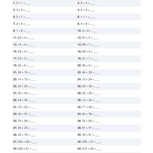 May include: A worksheet with simple addition problems, numbered 1-50. The problems are arranged in rows and columns, with space for answers. The title reads "Section 1: Simple Addition Problems 1-50."