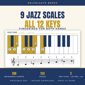 Piano Jazz Scales Chart – All 12 Keys with Fingerings, 9 Essential Jazz Scales, Printable PDF, Jazz Piano Practice, Instant Download