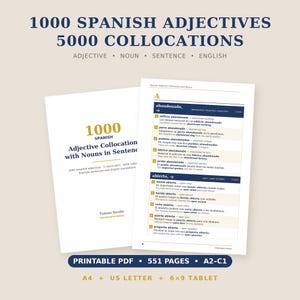 Puede incluir: Un recurso educativo digital titulado 1000 Spanish Adjectives 5000 Collocations, que muestra la portada de un libro y el diseño de una página interior. El texto incluye Adjective, Noun, Sentence, English y enumera vocabulario español con traducciones.